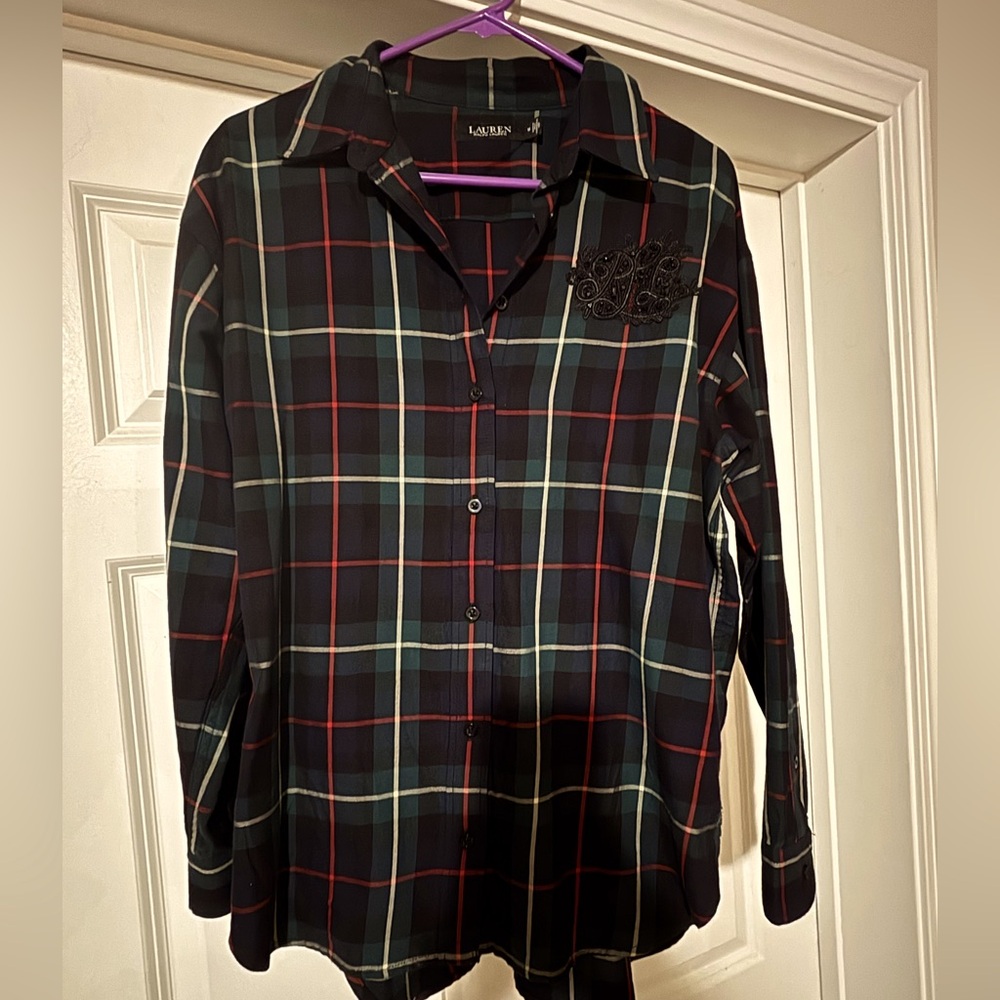 RALPH LAUREN plaid rhinestone emblem shirt size M